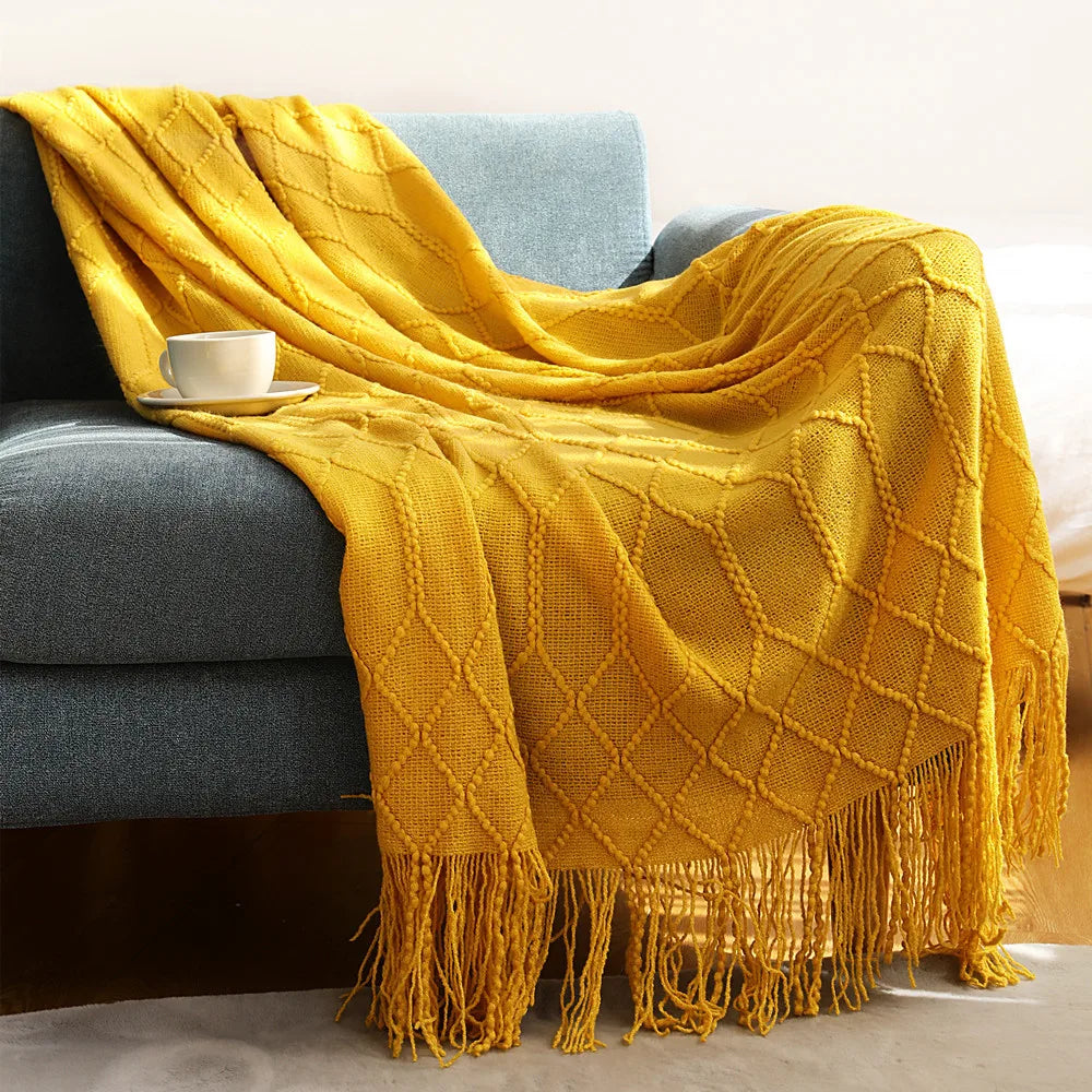 Luxury Knitted Throw Blanket with Tassels – Soft Acrylic Sofa & Bed Blanke