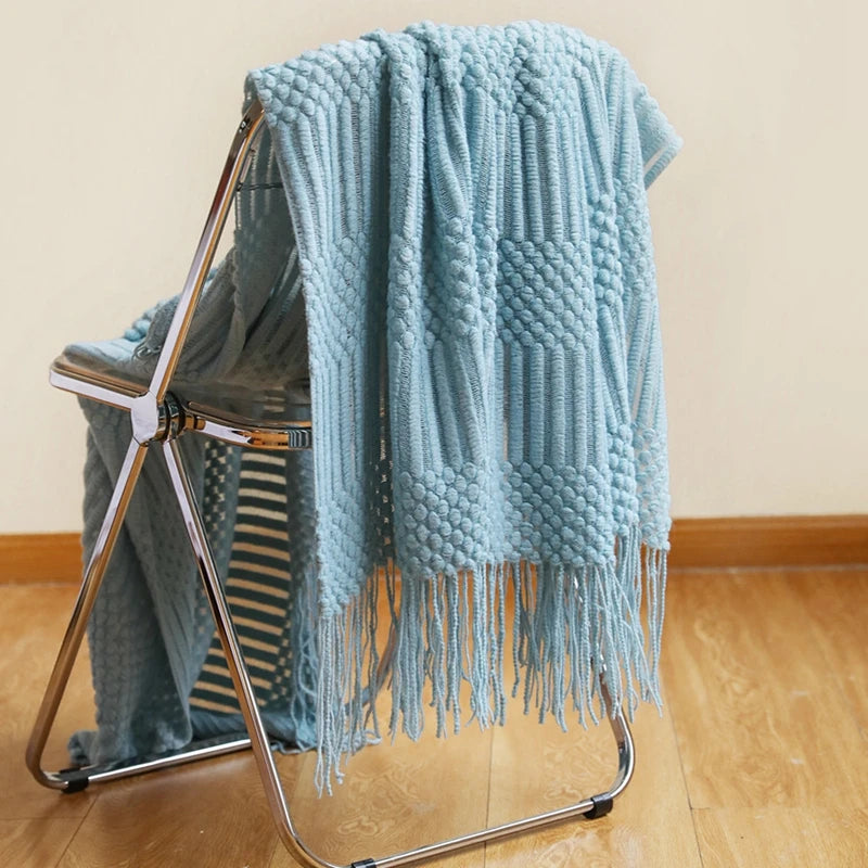 Luxury Knitted Throw Blanket with Tassels – Soft Acrylic Sofa & Bed Blanke