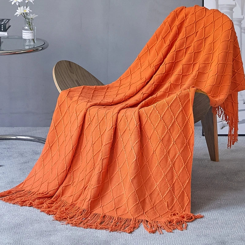 Luxury Knitted Throw Blanket with Tassels – Soft Acrylic Sofa & Bed Blanke