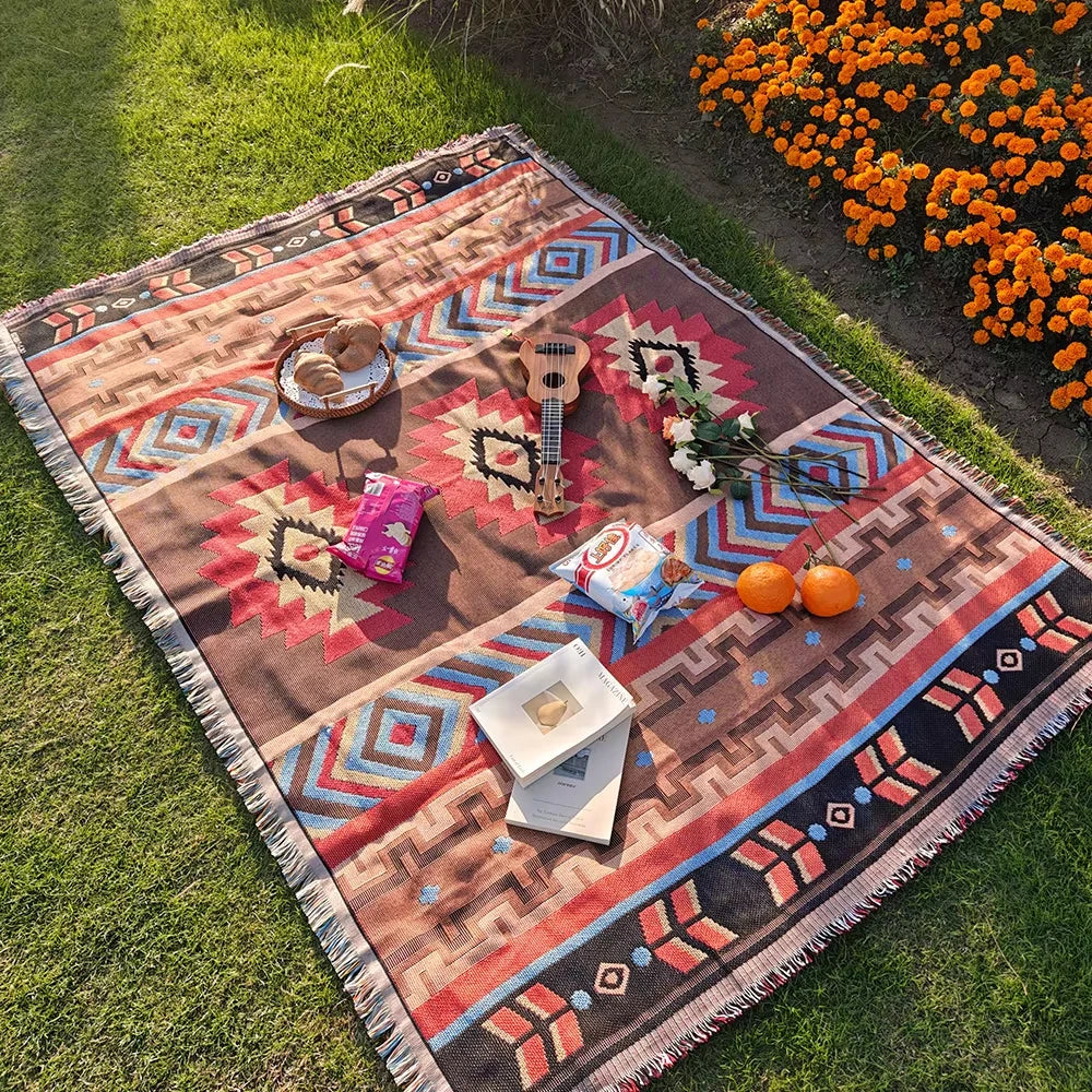 Bohemian Cotton Blend Throw Blanket – Sofa, Picnic & Travel