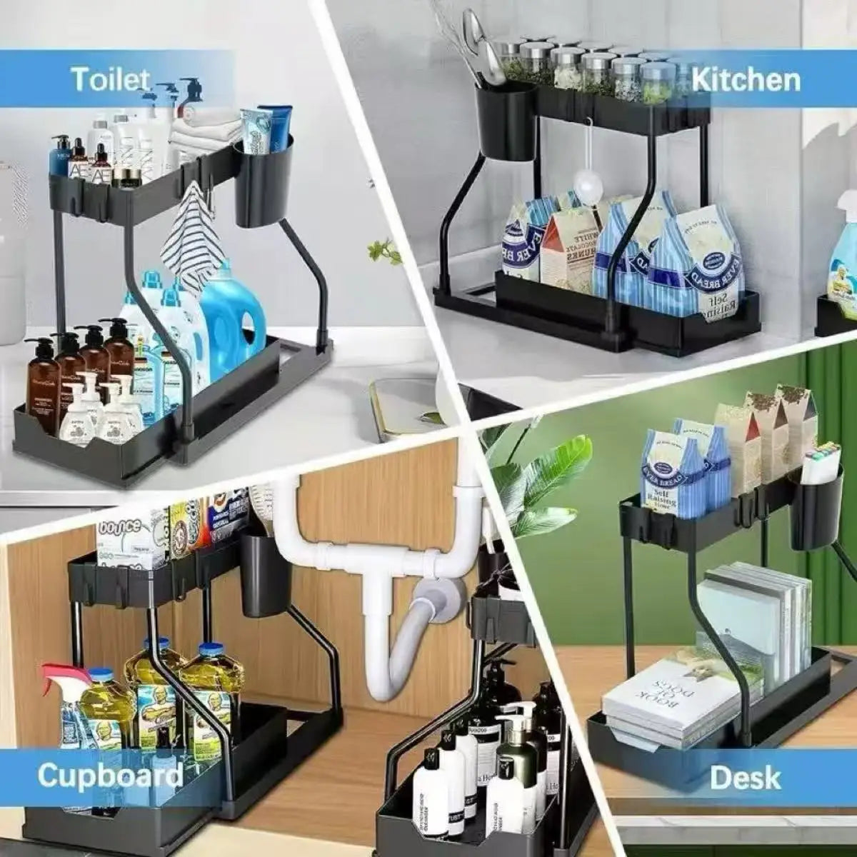 2-Tier Pull-Out Under Sink Organizer – Stainless Steel Storage Rack