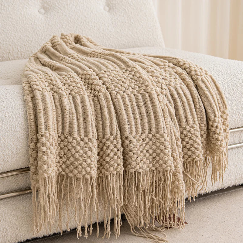 Luxury Knitted Throw Blanket with Tassels – Soft Acrylic Sofa & Bed Blanke
