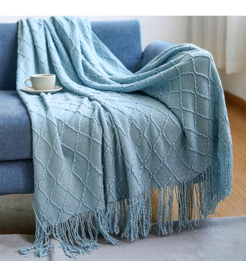 Luxury Knitted Throw Blanket with Tassels – Soft Acrylic Sofa & Bed Blanke