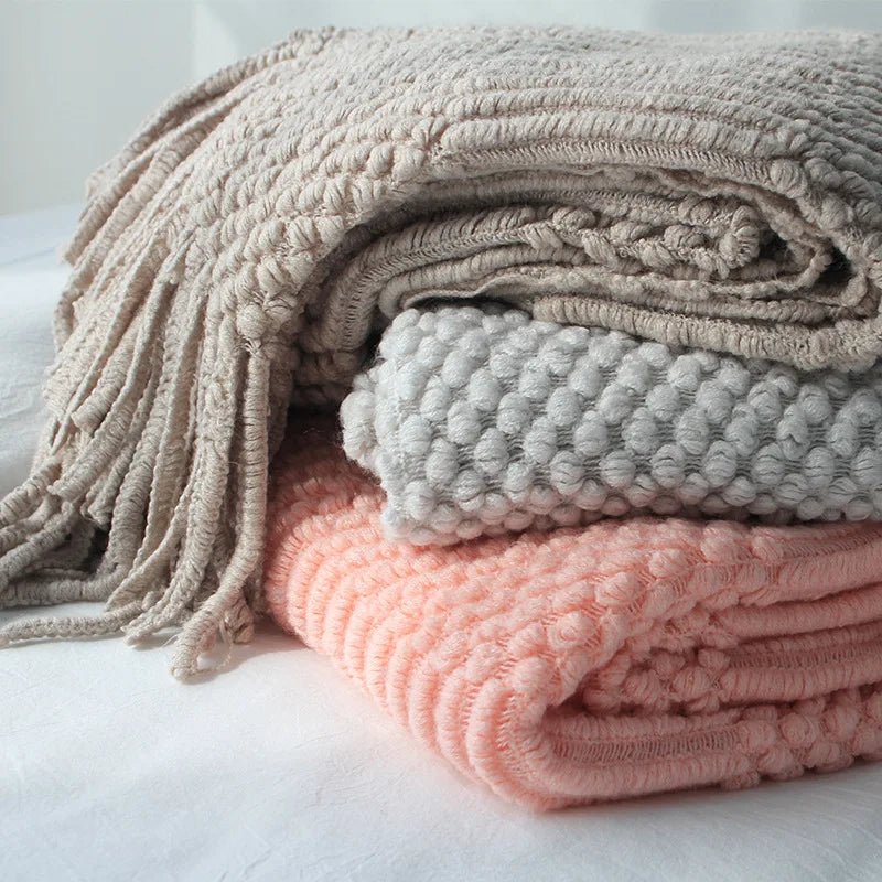 Luxury Knitted Throw Blanket with Tassels – Soft Acrylic Sofa & Bed Blanke