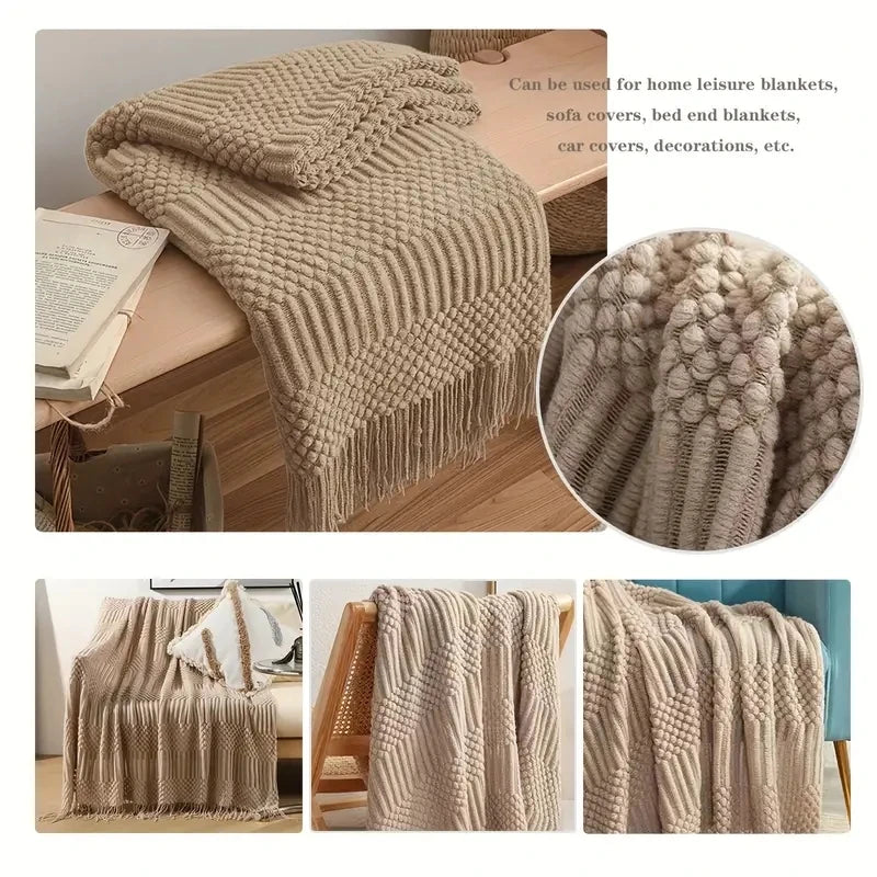 Luxury Knitted Throw Blanket with Tassels – Soft Acrylic Sofa & Bed Blanke
