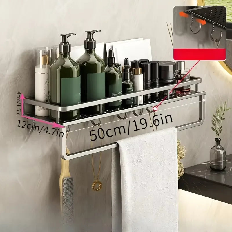 Wall-Mounted Bathroom Shelf with Removable Hooks
