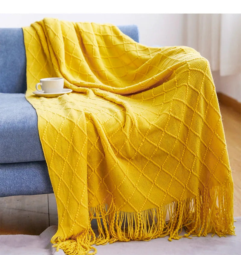 Luxury Knitted Throw Blanket with Tassels – Soft Acrylic Sofa & Bed Blanke