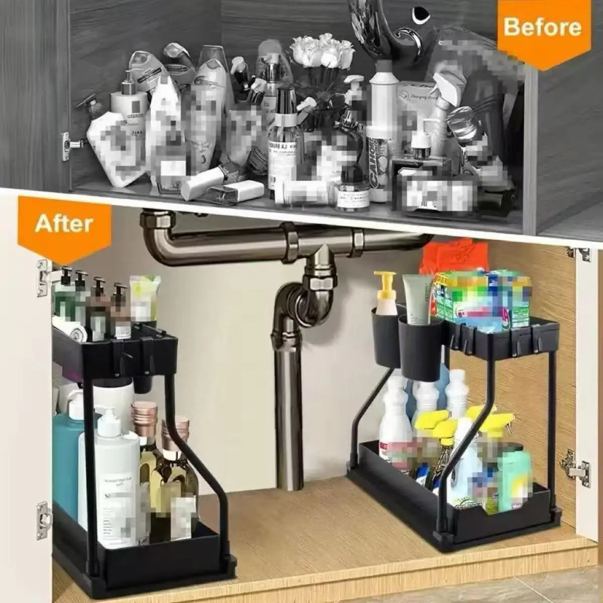2-Tier Pull-Out Under Sink Organizer – Stainless Steel Storage Rack