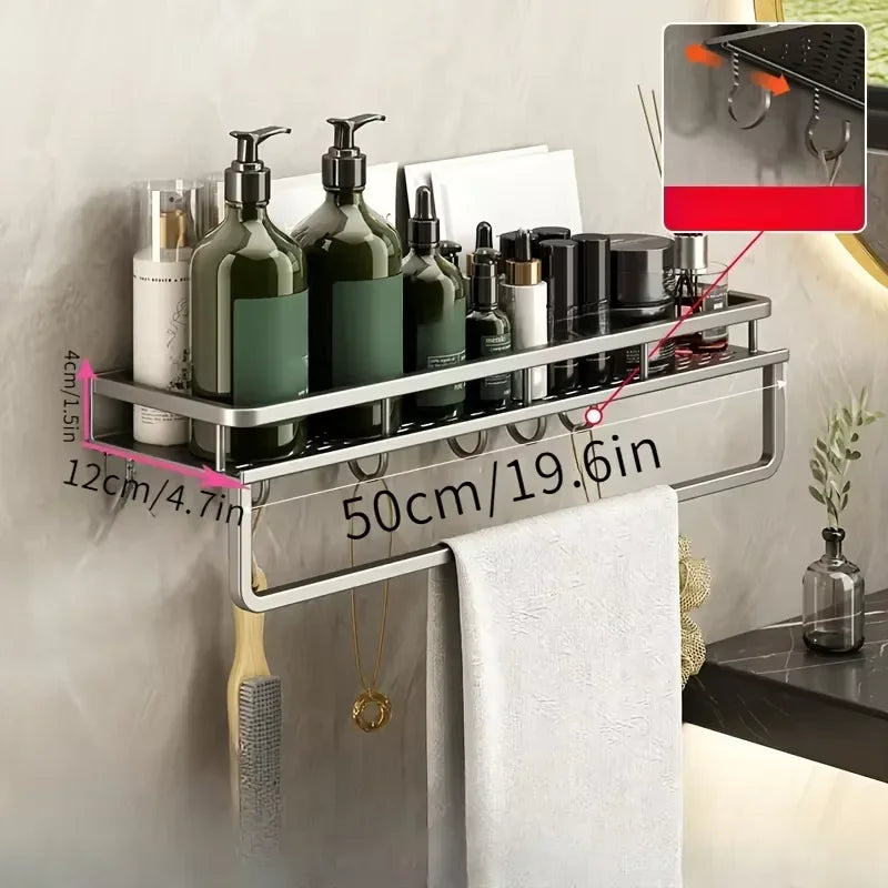 Wall-Mounted Bathroom Shelf with Removable Hooks