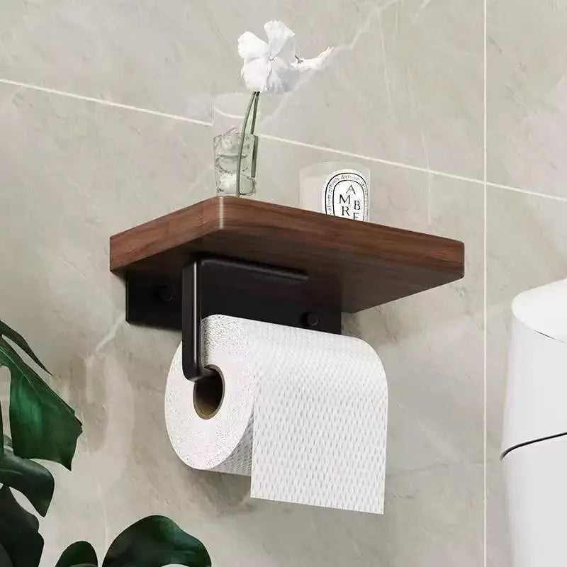 Toilet Paper Holder with Wooden Shelf