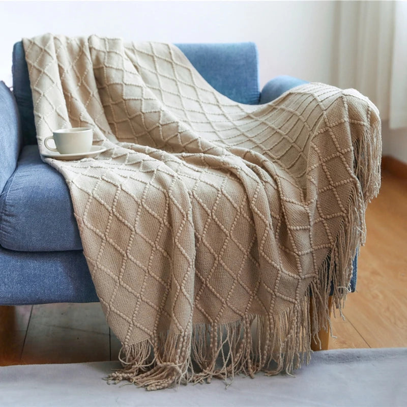 Luxury Knitted Throw Blanket with Tassels – Soft Acrylic Sofa & Bed Blanke