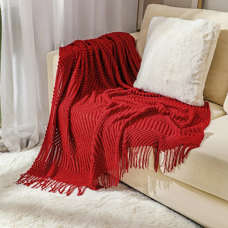 Luxury Knitted Throw Blanket with Tassels – Soft Acrylic Sofa & Bed Blanke