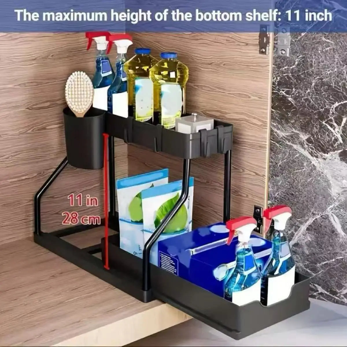 2-Tier Pull-Out Under Sink Organizer – Stainless Steel Storage Rack