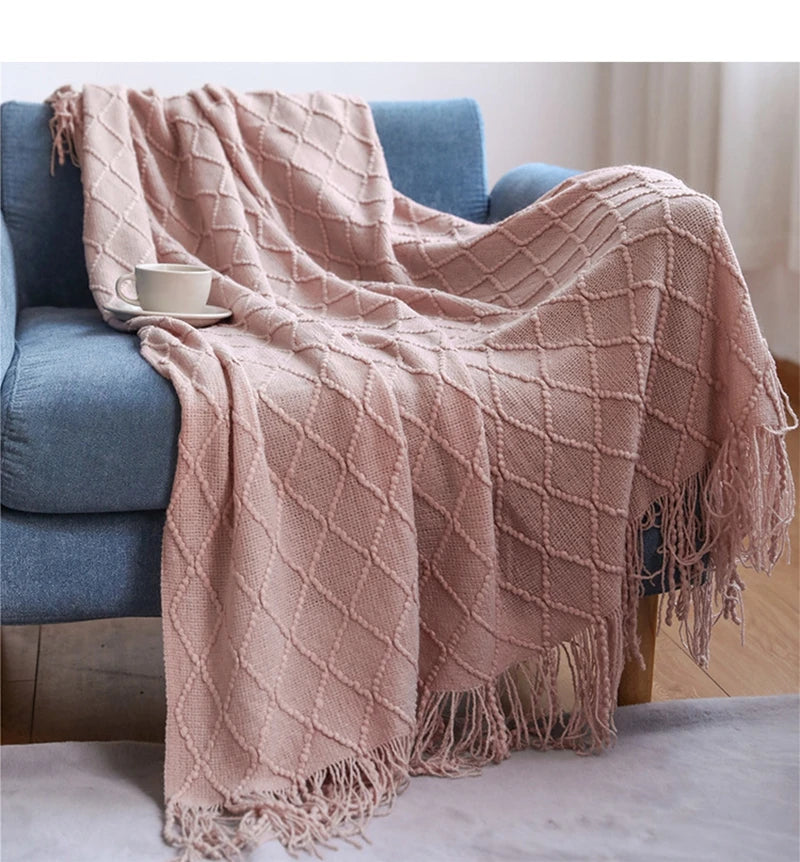Luxury Knitted Throw Blanket with Tassels – Soft Acrylic Sofa & Bed Blanke