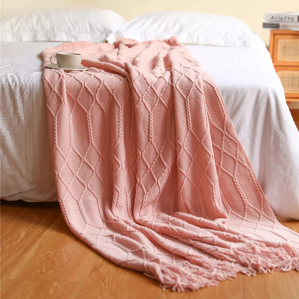 Luxury Knitted Throw Blanket with Tassels – Soft Acrylic Sofa & Bed Blanke