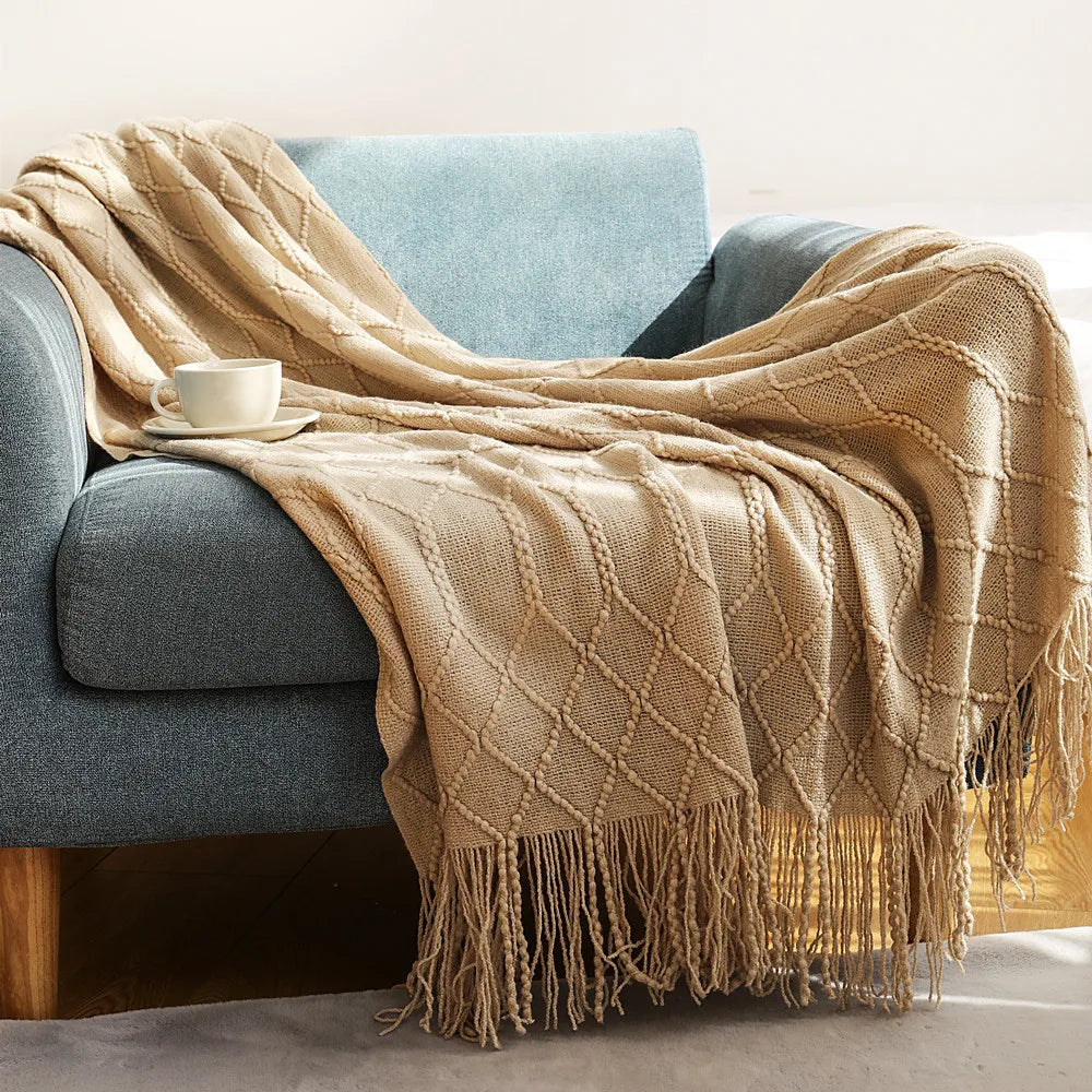 Luxury Knitted Throw Blanket with Tassels – Soft Acrylic Sofa & Bed Blanke