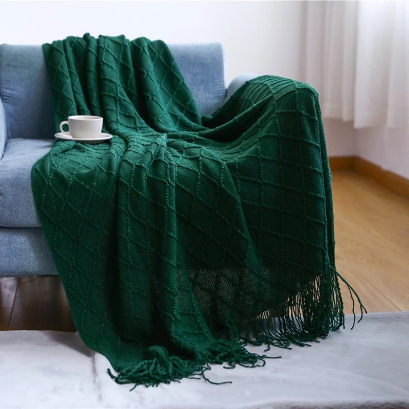 Luxury Knitted Throw Blanket with Tassels – Soft Acrylic Sofa & Bed Blanke