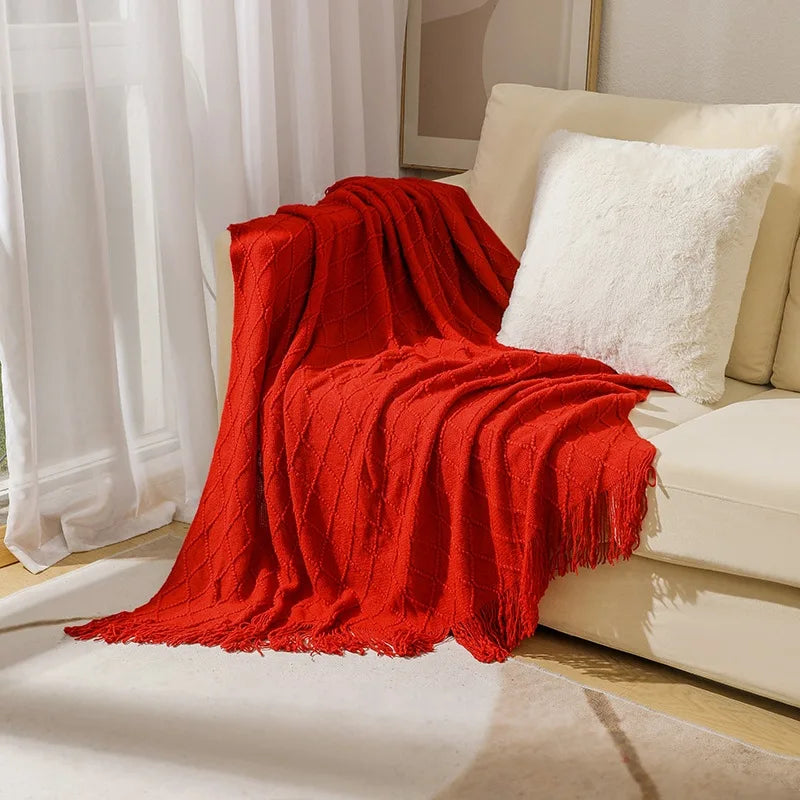 Luxury Knitted Throw Blanket with Tassels – Soft Acrylic Sofa & Bed Blanke